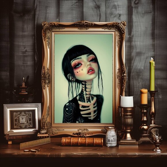 8.5x11 Goth Girl Skeleton Art Print | Surreal Dark Doll Portrait with Black Hair - Picture 3 of 5